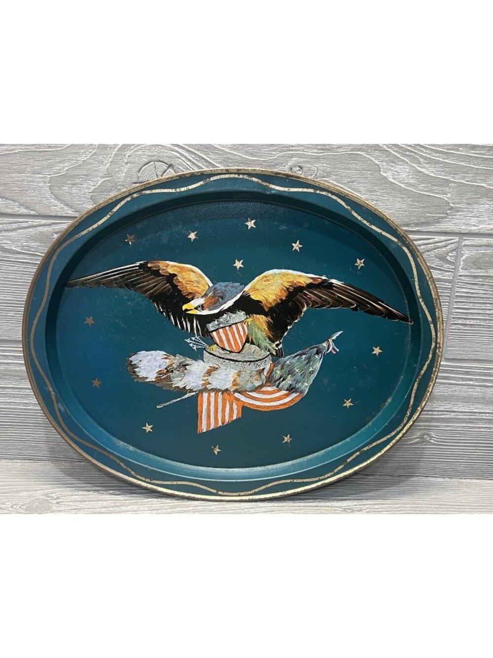 Vintage Distressed American Eagle Metal Oval Tray Americana Turquoise Rustic
